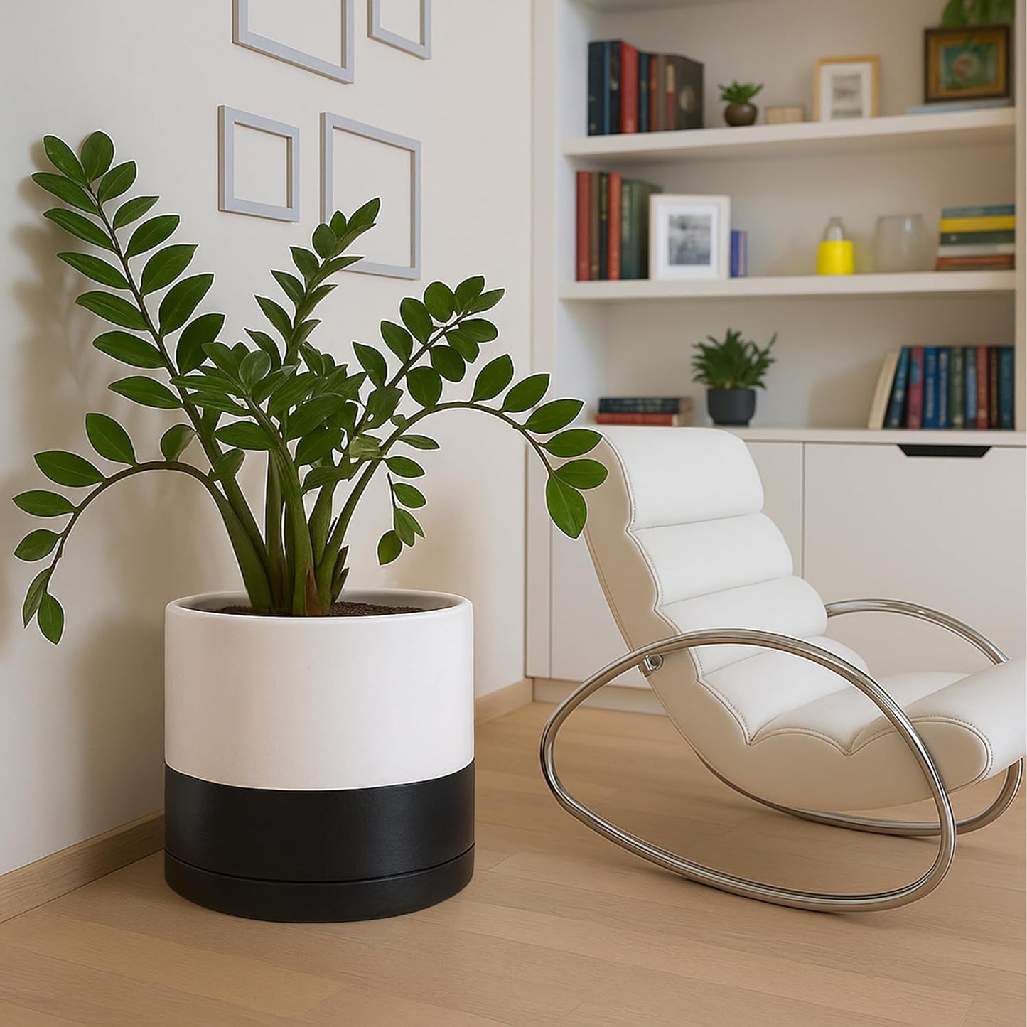 D'vine Dev 14 Inch Ceramic Planter Pot with Drainage Hole and Saucer, Indoor Cylinder Round Planter Pot, Layered Monochrome Black & White, 94-O-G-L