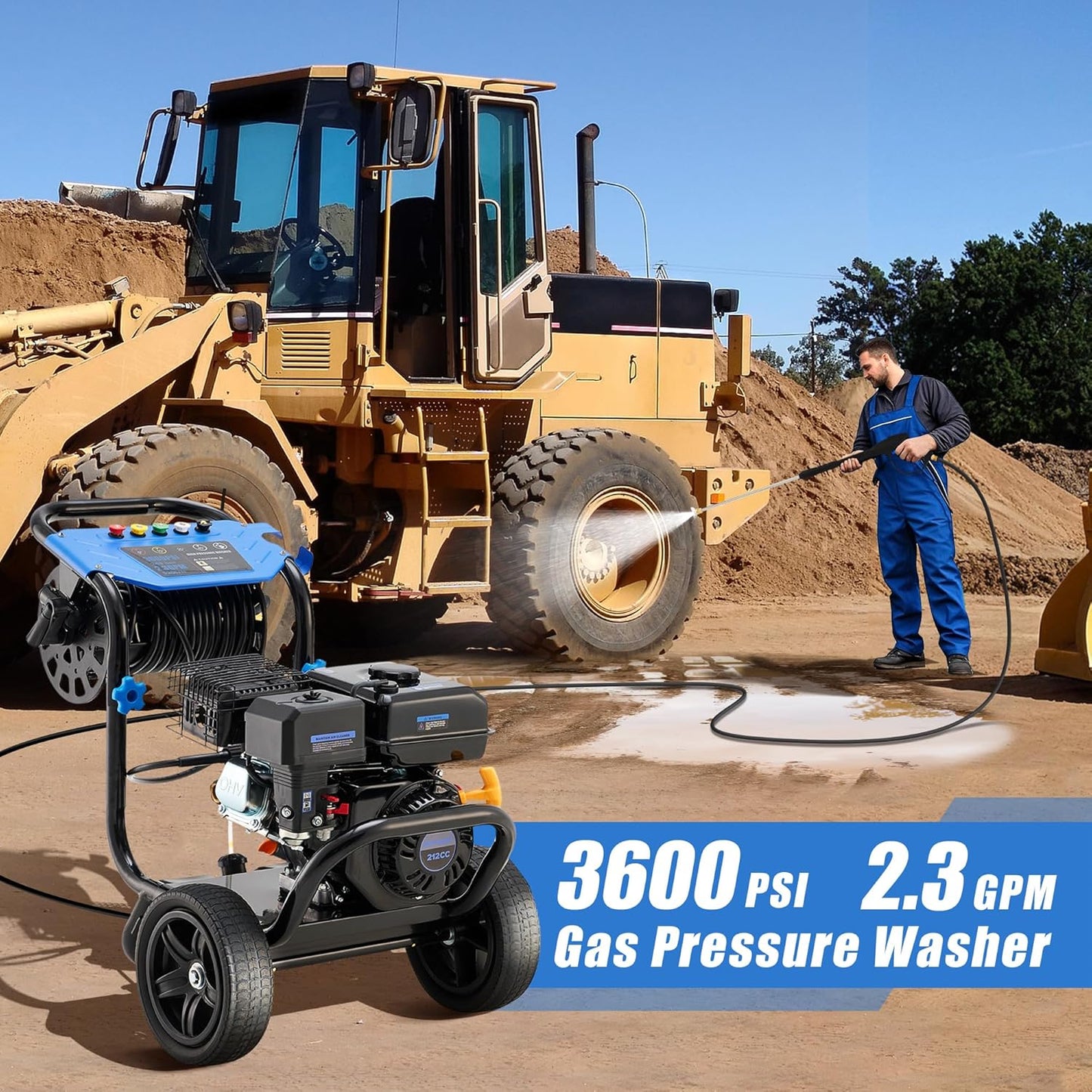 Gas Pressure Washer 3600 PSI, 2.3 GPM Heavy Duty High Power Washer,212CC Engine with 30FT Hose, Axial Aluminum Pump, Soap Tank, Spray Gun and Wand, 5 Quick Connect Nozzle (Blue)