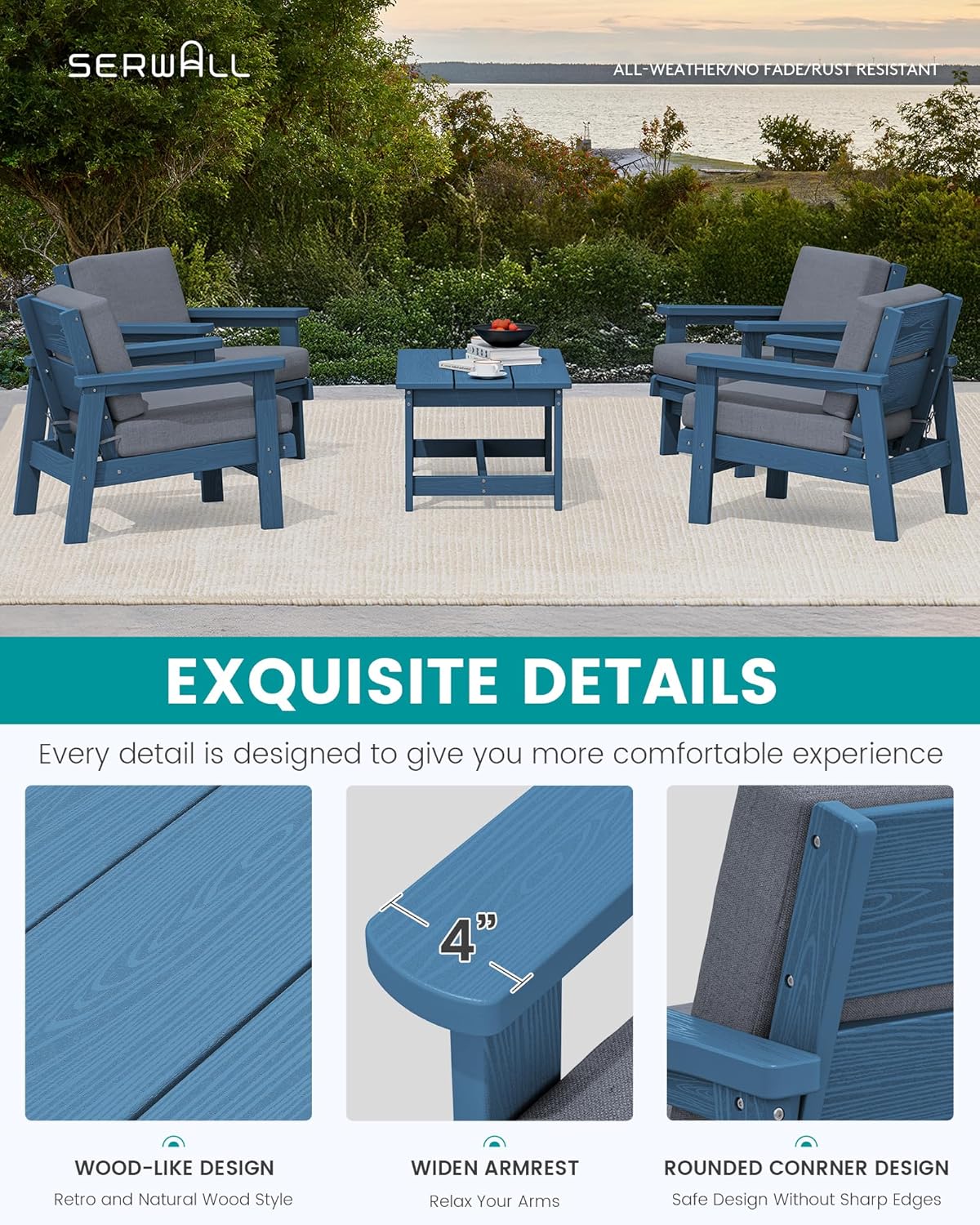 SERWALL Outdoor Patio Furniture Set, 5 Piece HDPE Patio Conversation Sets, All-Weather Wood-Like Outdoor Couch Loveseat and Coffee Table with Thick Cushions for Porch Balcony Garden Backyard