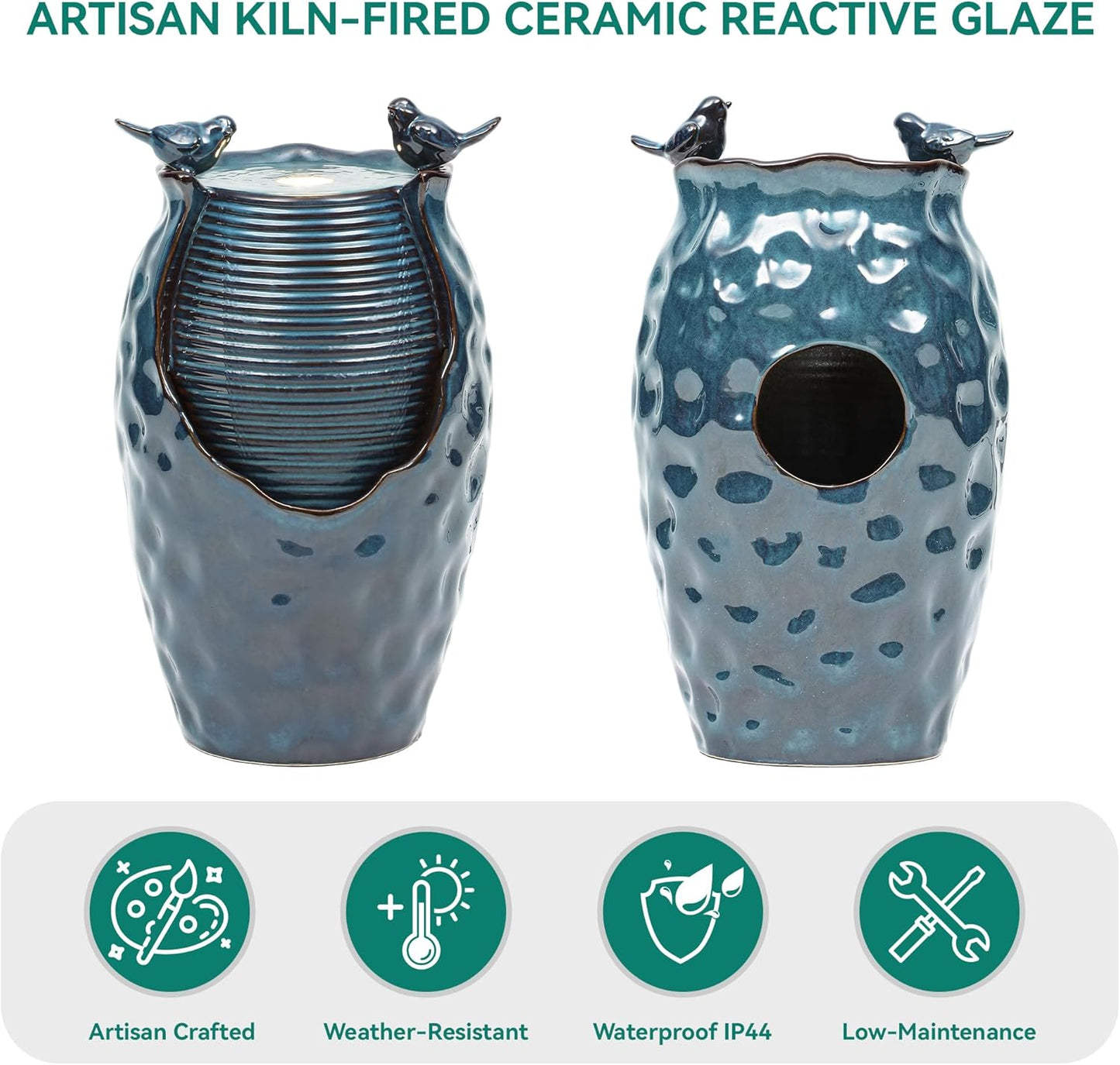 24.8" H Ceramic Jar Outdoor Water Fountain with LED Lights & Bird Accents, Elegant Turquoise Glaze with Bubble-Like Texture, Decorative Garden Water Feature