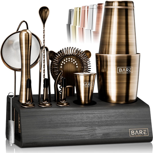 BARE BARREL® Mixology Bartender Kit Bar Set | 14-Piece Cocktail Shaker Set | Martini Barware Mixing Tools for Home Bartending | Incl. 35 Recipe Cards | Gift Set (28oz Boston Shaker, Brass/Black)