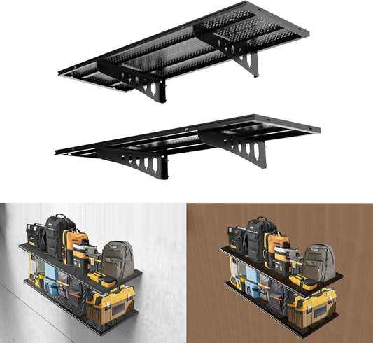 New 2 Pack Garage Wall Shelving, Heavy Duty 1.5' x 3.8' Wall Mount Storage Shelf with Hooks, Garage Storage Rack Floating Shelves, Holds 250 lbs Each