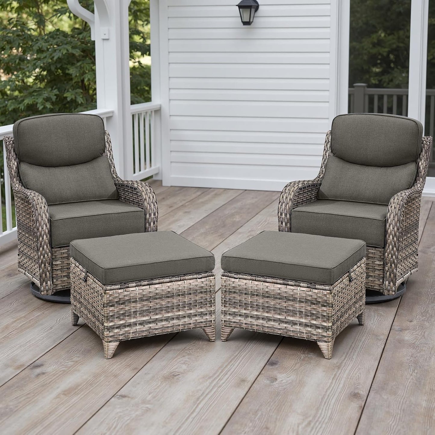 Wicker Outdoor Patio Furniture Set - 4 Piece Patio Conversation Set with Swivel Rocker Chairs and Ottomans, 6 inch Cushions, High Back, Deep Seating, for Porch Deck Garden Mixed Grey/Grey