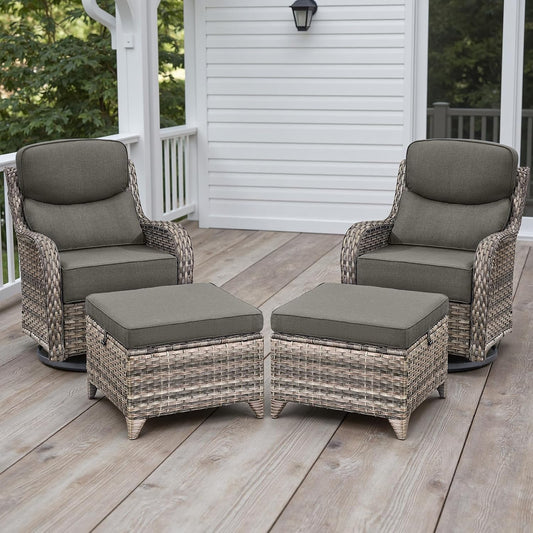 Wicker Outdoor Patio Furniture Set - 4 Piece Patio Conversation Set with Swivel Rocker Chairs and Ottomans, 6 inch Cushions, High Back, Deep Seating, for Porch Deck Garden Mixed Grey/Grey