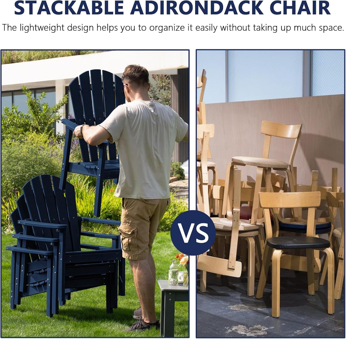 Stackable Adirondack Chair Set of 2, HDPE Outdoor Patio Chair - Durable and Space Saving, Suitable for Porches, Lawns or Garden, Navy