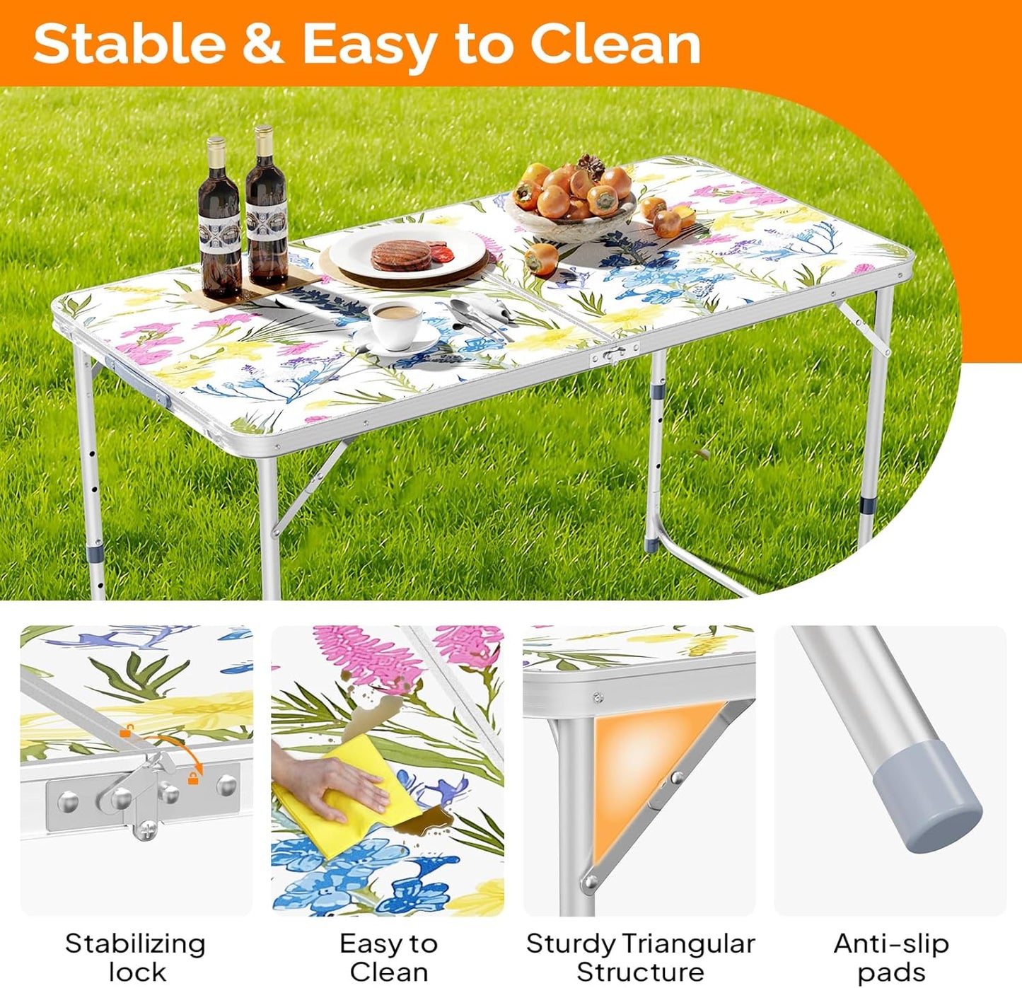 VINGLI 4FT White Folding Table with Carrying Handle Height Adjustable Lightweight Fold Up Portable for Indoor Outdoor Picnic,Camping,Hiking,Fishing,BBQ …