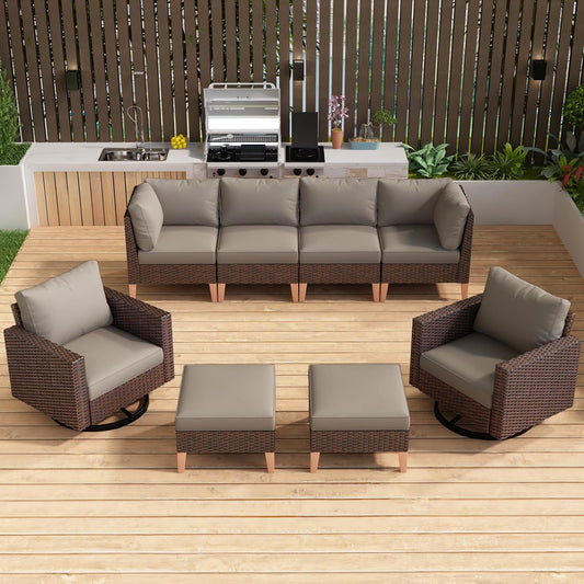 HUMMUH 8 Pieces Patio Furniture,Outdoor Modular Sectional Couch Swivel Rocking Chairs with Ottomans,All Weather PE Wicker Patio Conversation Sets for Garden Porch Backyard