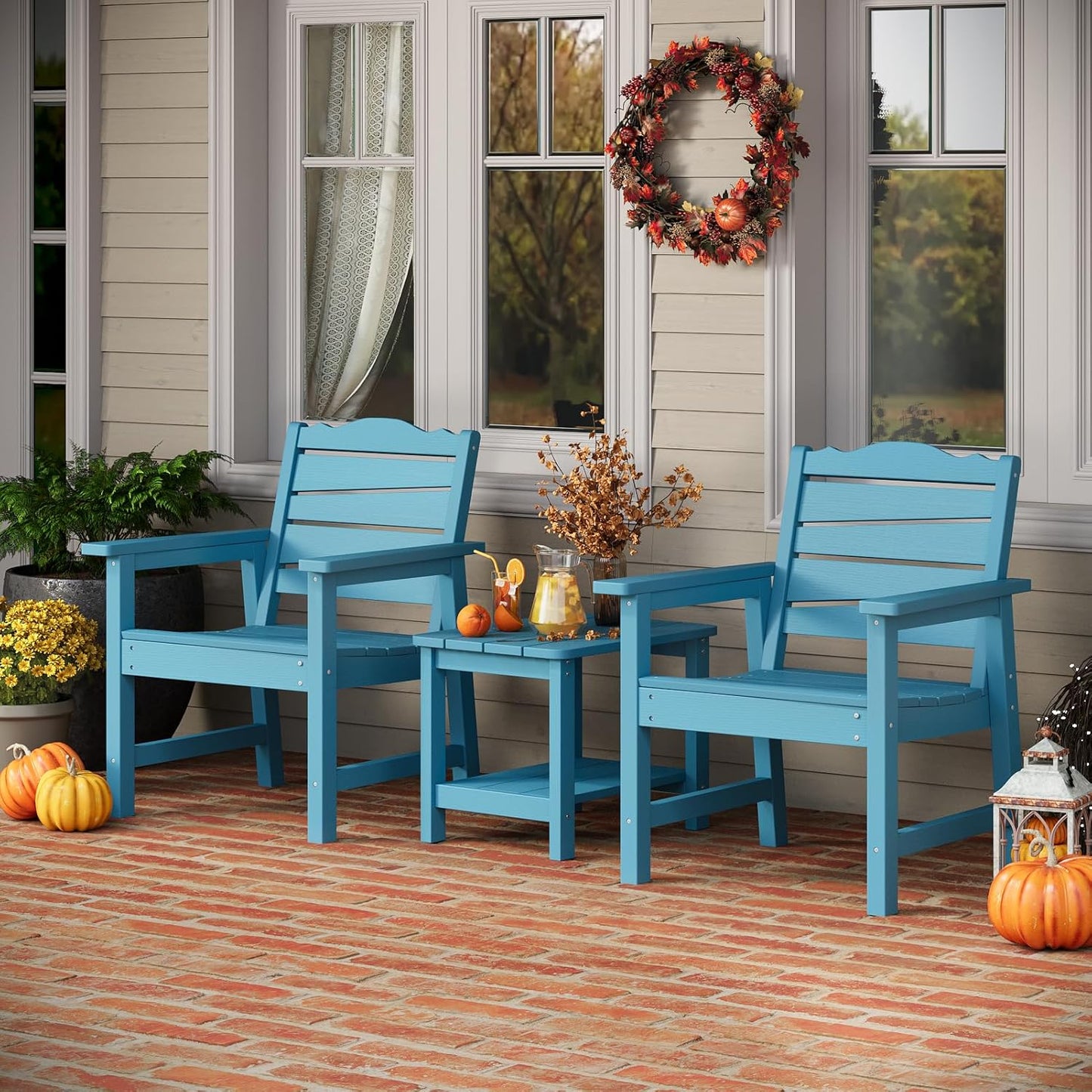 Patio Chairs Set, 3 Pieces Weatherproof HIPS Outdoor Furniture, Patio Chairs Conversation Sets with Side Table for Garden Porch Lawn & Backyard (Lake Blue)