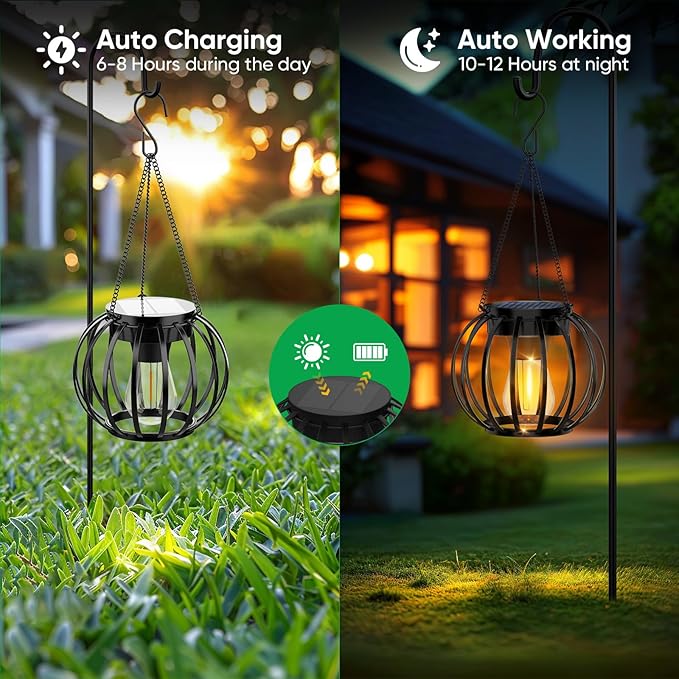 Solar Lanterns Lights Outdoor Waterproof: 4 Pack Metal Hanging Solar Lights for Outside - Decorative Solar Lights Outdoor Garden Decor - Solar-Powered LED Warm Lighting for Patio Yard Pathway Decor