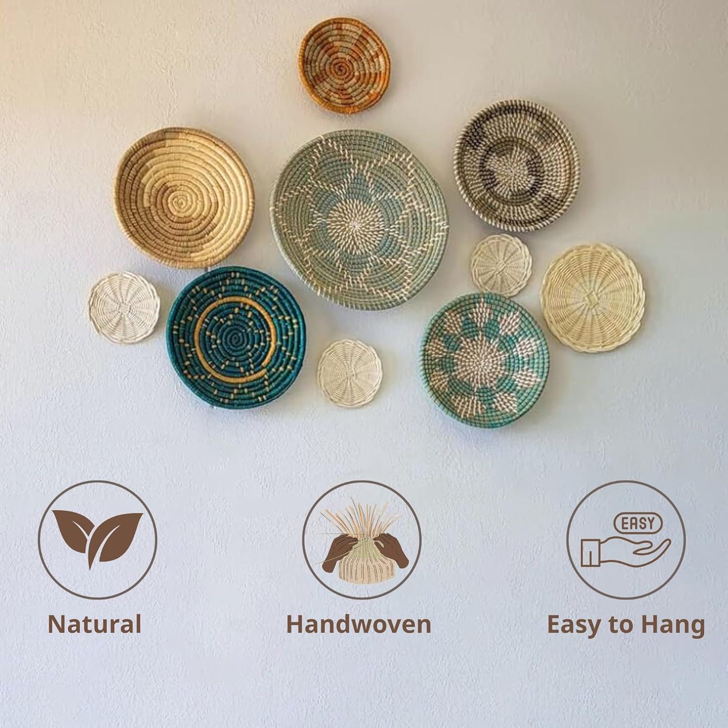 Wicker Basket Wall Decor – Boho Baskets For Wall Decoration with Loop Attached, Handwoven Wall Plates, Natural Woven Wall Art for Living Room Bedroom, Decorative Seagrass Wall Hanging Set of 10