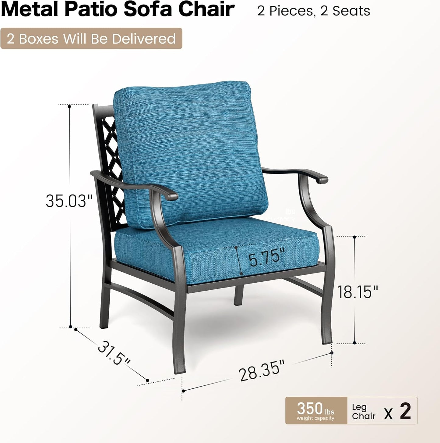 Metal Patio Chairs Set of 2 with 5.75" Extra Thick Cushion, 2 Pieces High Back Outdoor Patio Chairs All Weather Outdoor Furniture Seating for Deck Backyard Balcony Front Porch, Blue-2