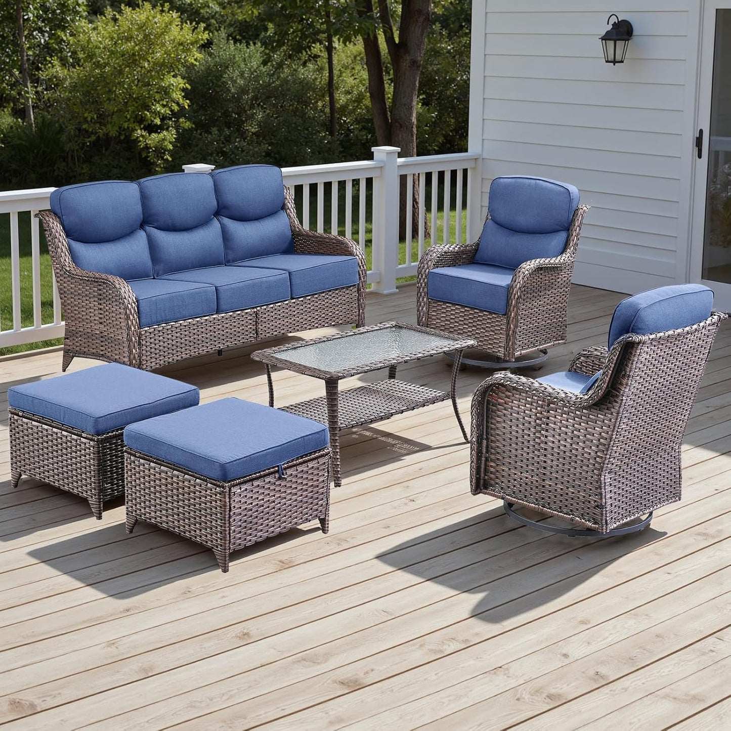 Wicker Outdoor Patio Furniture Set - 6 Piece Patio Conversation Sets with Swivel Rocker Chairs, Ottomans, Sofa and Table, 6 inch Cushions, Deep Seating, for Porch Deck Brown/Blue