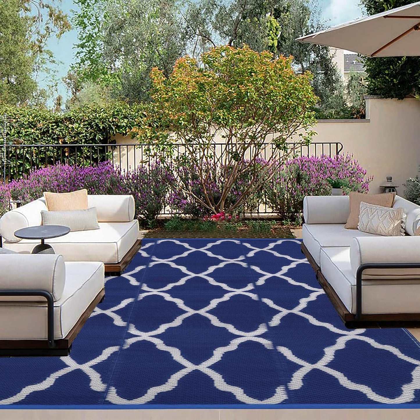 OutdoorLines Outdoor Plastic Area Rugs for Patio 5x8 ft - Reversible Outside Carpet, Stain & UV Resistant RV Mats, Straw Rug for Camping, Deck Garden, Porch and Balcony, Moroccan Navy & Light Grey