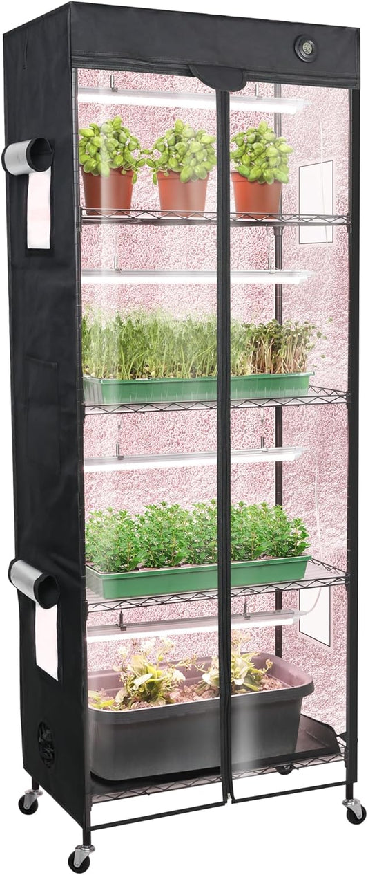 WORTH Mini Greenhouse with LED Grow Lights & Digital Thermo-Hygrometer – Portable Indoor Plant Grow Tent with Oxford Fabric Cover, Adjustable Shelves, Casters & Ventilation Flaps for Seed Starting