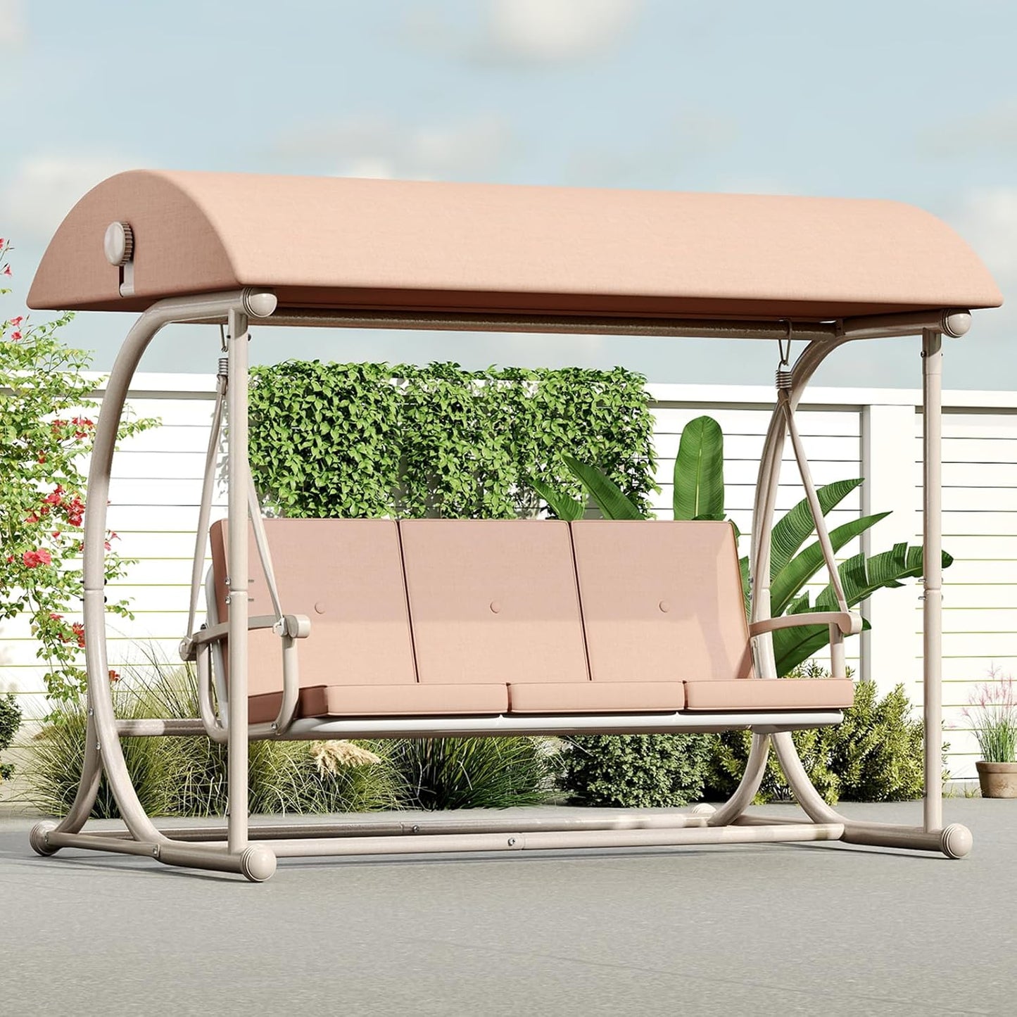 Patio Swing with Canopy, Outdoor Swinging with Stand, Backyard Swings for Adults, 2 in 1 Porch Swing Bed, Outdoor Patio Swings,Yard Heavy Duty Covered Patio Swing, Khaki