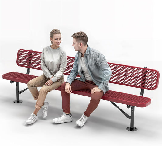 Heavy-Duty Outdoor Metal Bench, Thermoplastic-Coated, Surface, Weatherproof, Commercial-Grade for Parks, Gardens, Patios, Stores & More (8 Ft - Surface with Back, Red)
