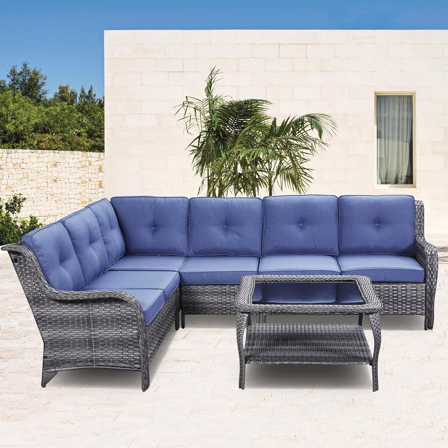 Patio Tables Outdoor Coffee Table - Wicker Rattan Coffee Tables with 2-Tier Storage Shelf Glass Top for Proch Deck Balcony Garden Squre Mixed Grey