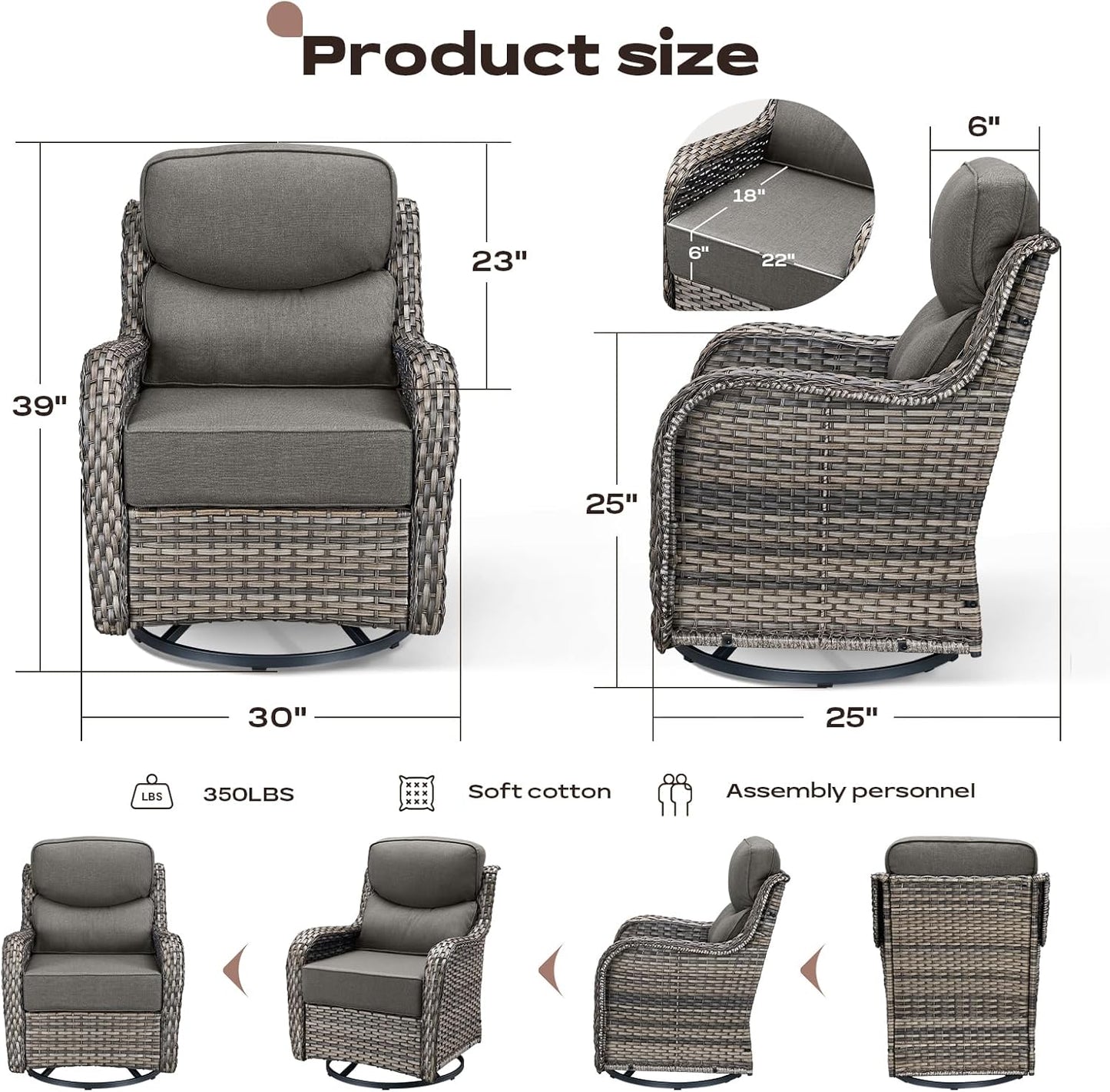 4 Piece Outdoor Patio Swivel Rocker Chairs, Waterproof Wicker, High Back, Deep Seating, Wide Armrest, Upgraded 6 inch Thick Cushions, Ideal for Deck Porch Backyard, Mixed Grey/Grey