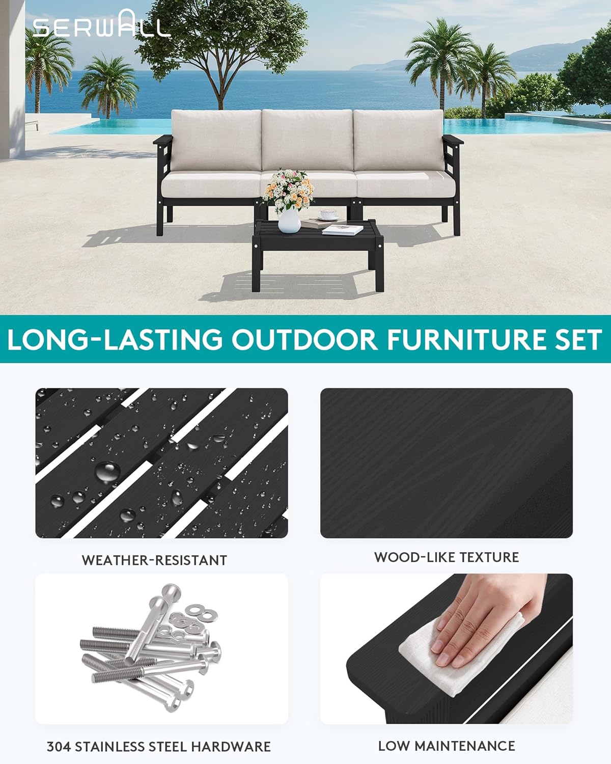 SERWALL HDPE Patio Furniture Set, 4 Pieces Outdoor Sectional Sofa Set, All-Weather Wood-Like Outdoor Sofa Couch with Coffee Table for Deck, Lawn, Black Frame with Khaki Cushion