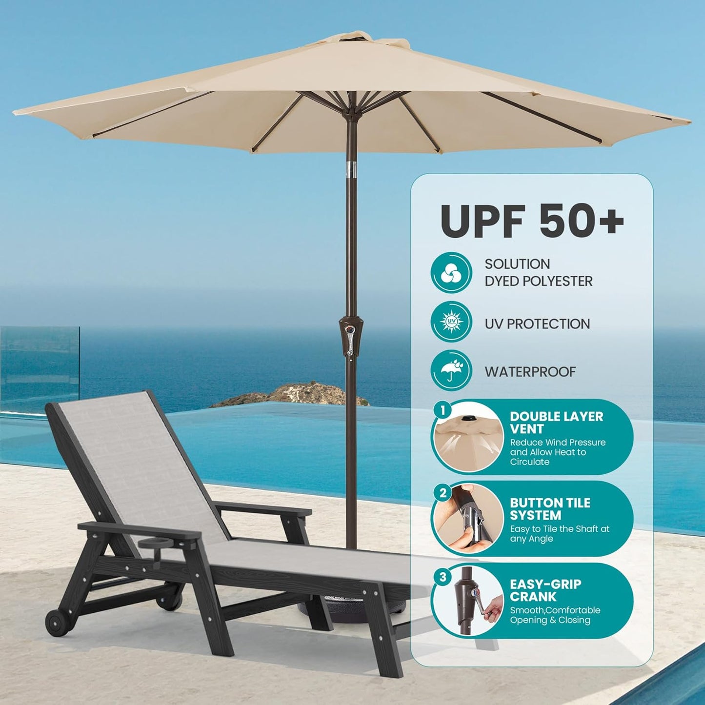 SERWALL Textilene Patio Chaise Lounge Chair Set of 2 with 9FT Patio Umbrella, 5 Positions Outdoor Lounger with Rolling Wheels for Pool, Deck, Black (Umbrella Base not Included)