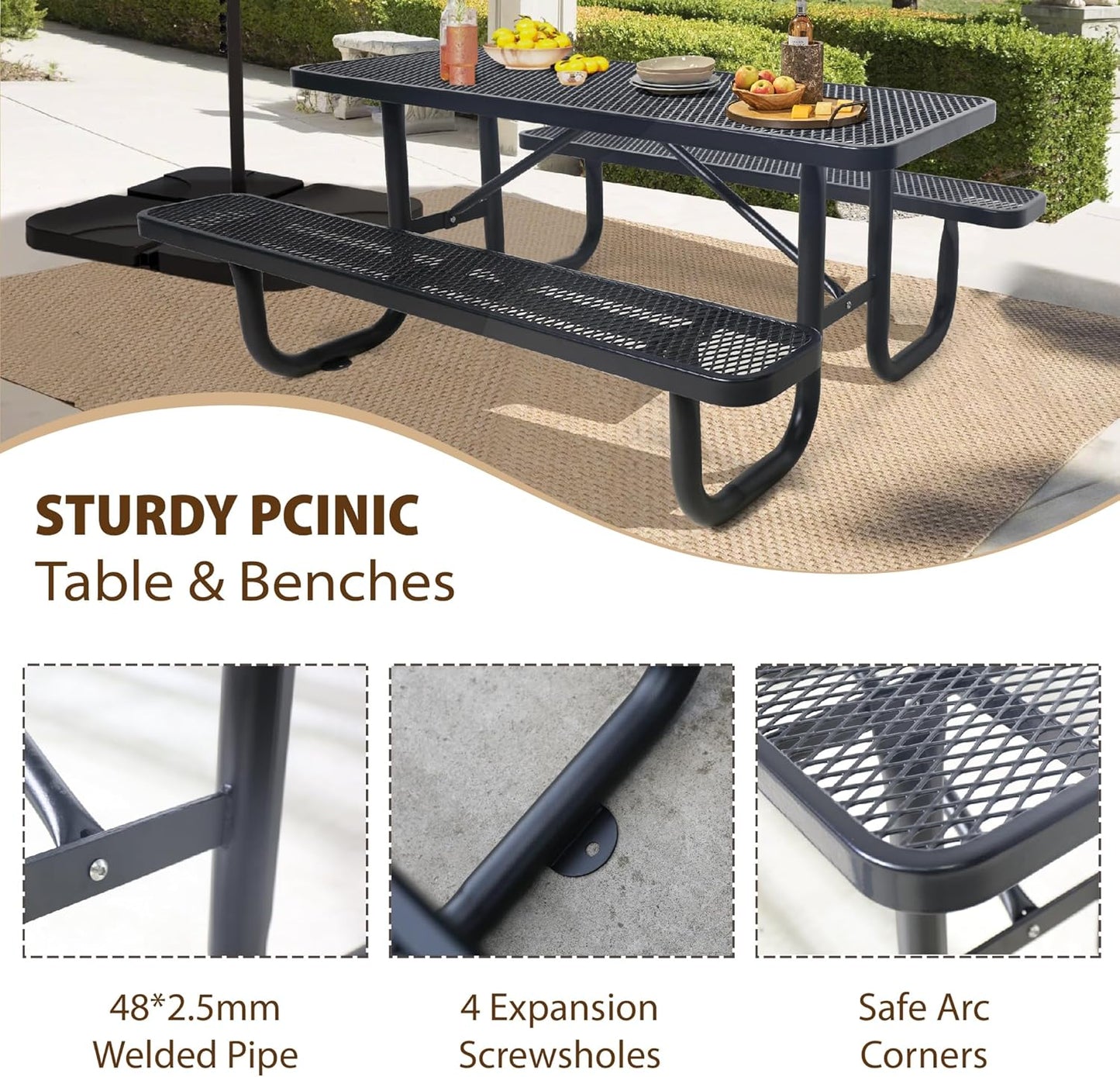 6FT Metal Picnic Tables for Outdoors, Commercial Rectangular Picnic Table and Bench Set for Outside, Patio, Garden, Backyard, Porch, Surface Mount, Black