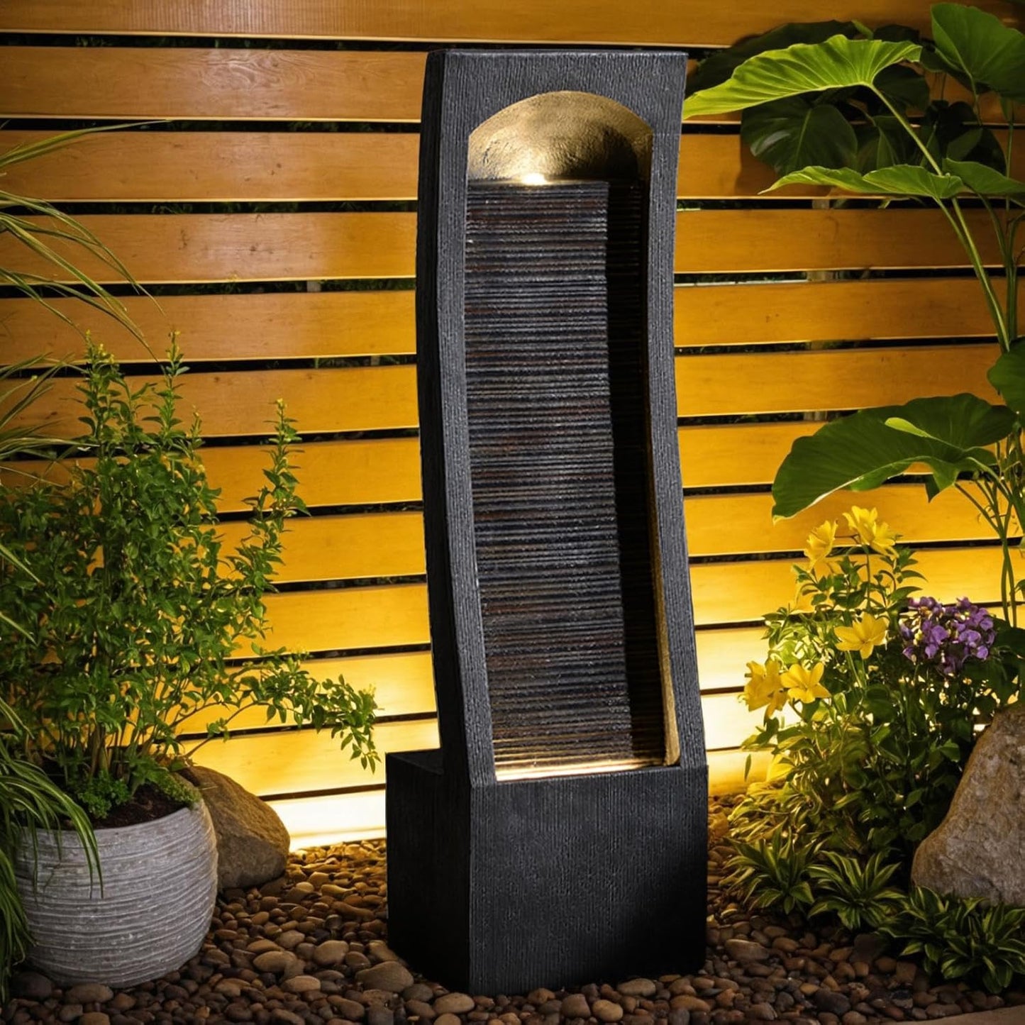 42.3" H Water Feature Outdoor Faux Slate Contemporary Waterfall Fountain Indoor for Garden, Backyard, Deck, Porch and Home Art Decor Large Outdoor Fountain with Lights