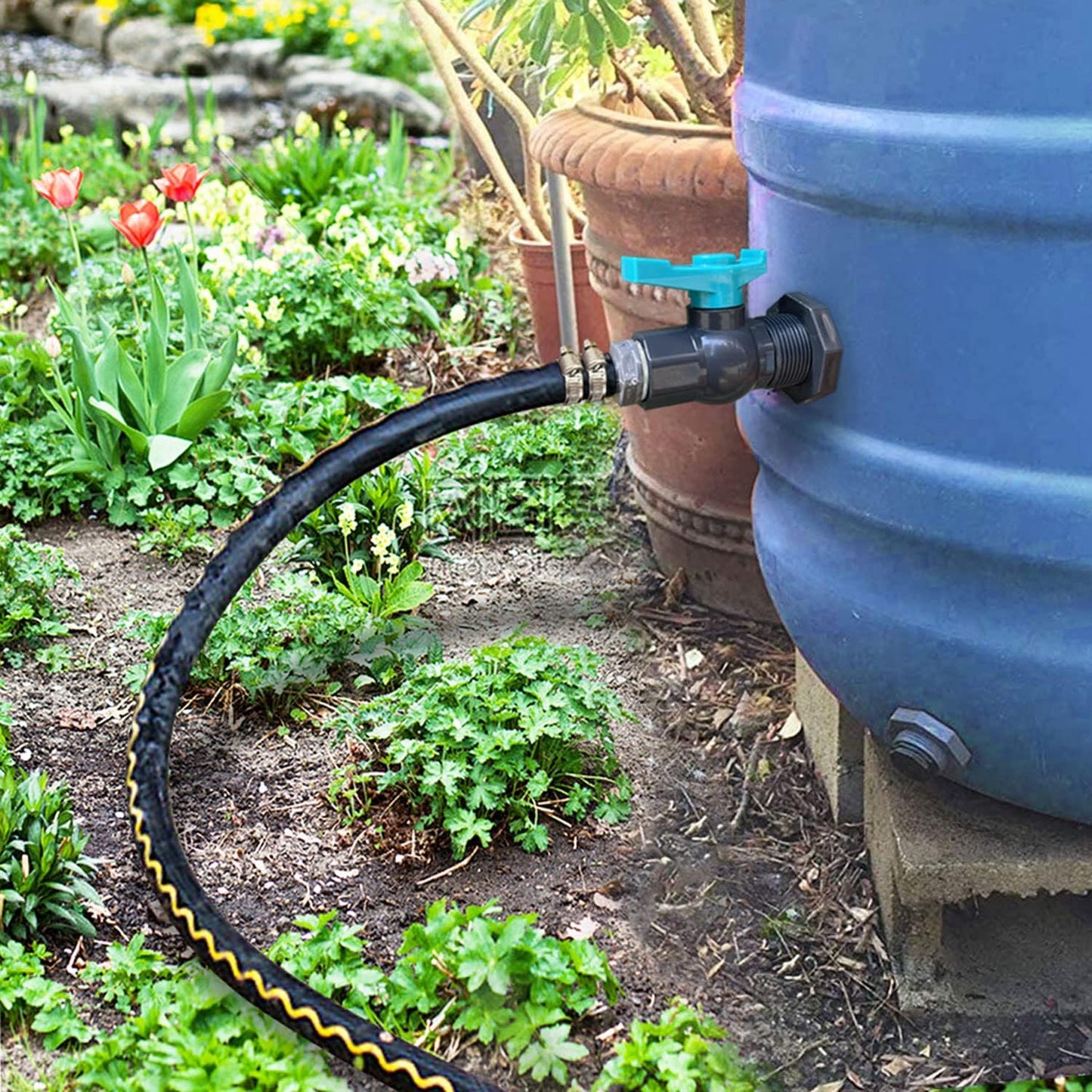 Rain Barrel Spigot PVC Faucet Kit Water Barrel Diverter Kit with Bulkhead Fitting,Ball Valve,Garden Hose Barb(25mm) Adapter,Pipe Clamps,Thread Seal Tape(kit for 25mm ID Hose)