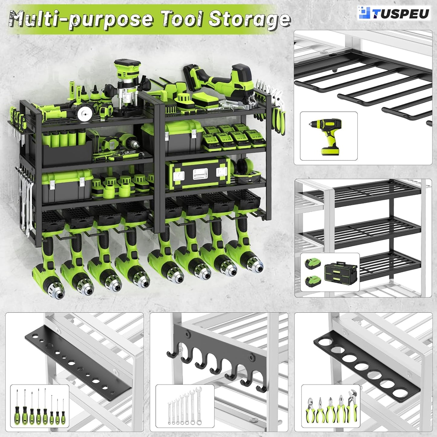 Power Tool Organizer Wall Mount,4 Layers Capacity Heavy Duty Metal Storage Rack with 8 Drill Holders for Drills Cordless Tools,Garage Organizer Suitable Workshop Basement