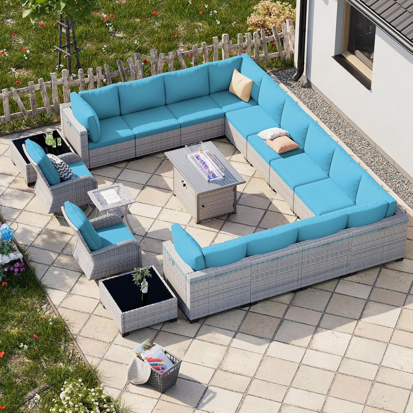 18-Piece Patio Furniture Set, Outdoor Patio Furniture with 55,000 BTU Fire Pit Table, Swivel Chairs Set, Thick Cushions, Modular Patio Sofa, Dual-Strand Wicker Rattan, Rust-Resistant Frame,Lake Blue