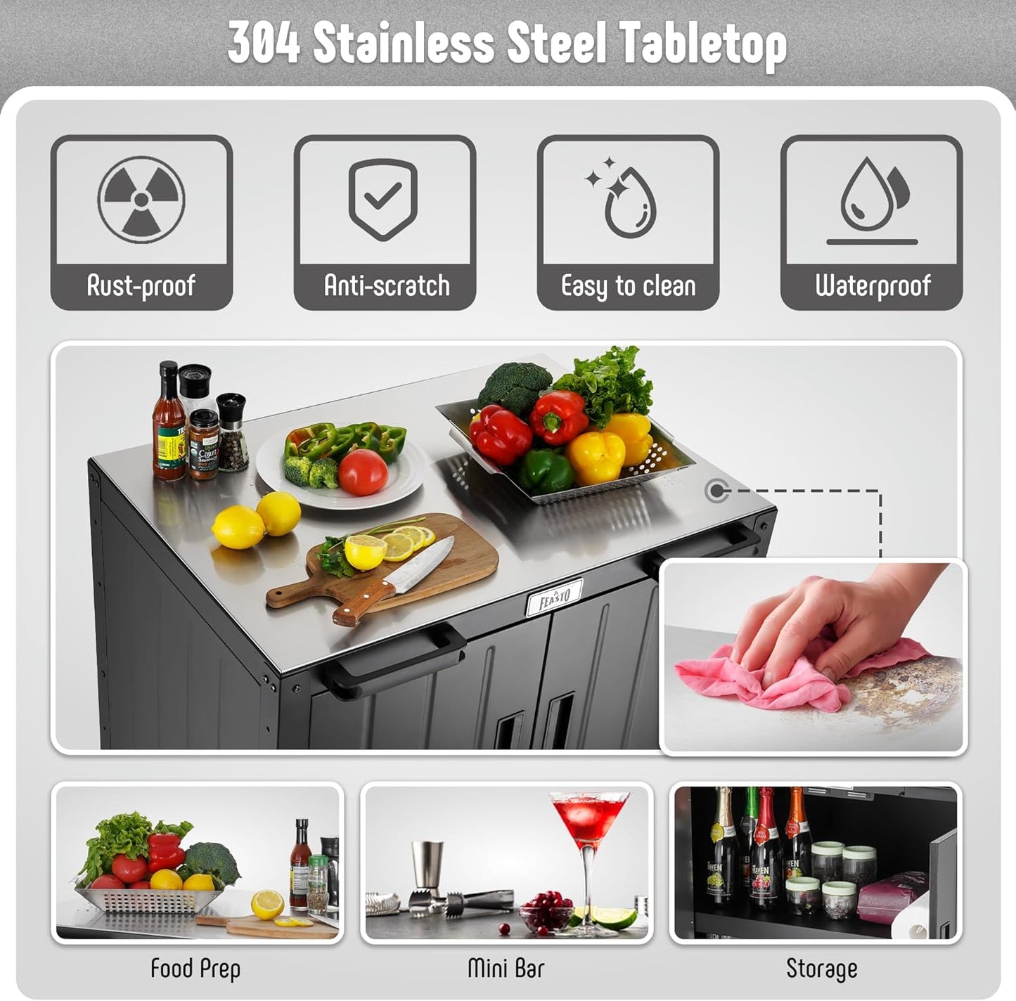 Grill Table, Outdoor Bar Cart Grill Cart with Storage Cabinet,Modular Outdoor Kitchen Island, Outdoor Grill Station with 304 Stainless Steel Top,Pizza Oven Table for Lawn & Garden,L35.4” x W24”