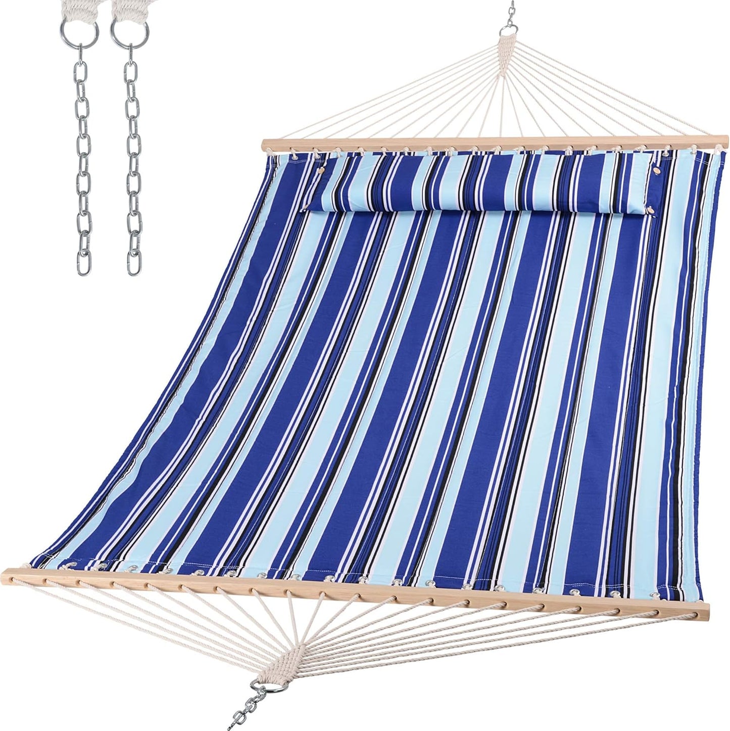 SUNCREAT Hammocks Quilted Fabric Hammock, Double Hammock with Spreader Bar, Soft Pillow, Max 475lbs Capacity, Blue Stripes