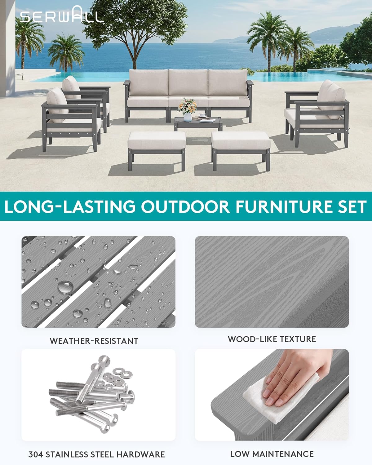 SERWALL HDPE Patio Furniture Set, 10 Pieces Outdoor Sectional Sofa Set, All-Weather Wood-Like Outdoor Sofa Couch with Coffee Table for Deck, Lawn, Grey Frame with Khaki Cushion