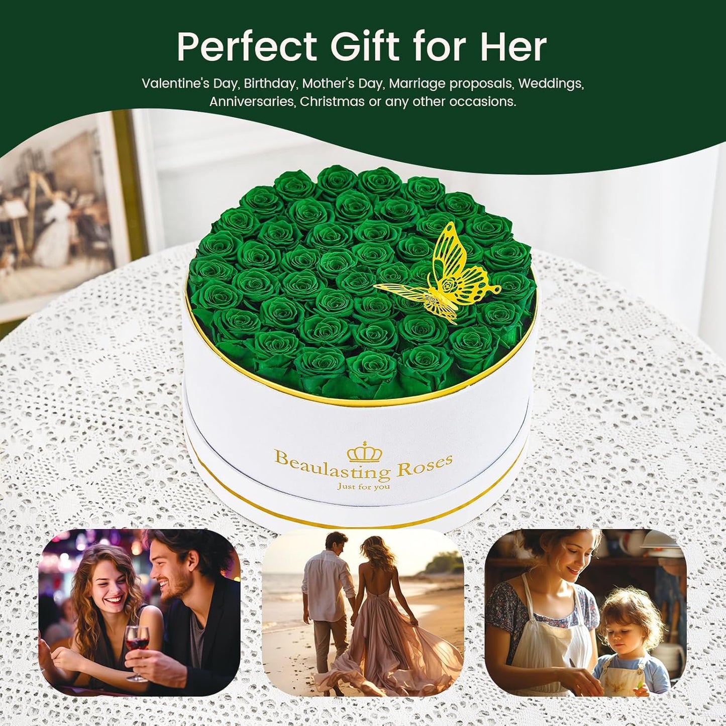 Preserved Roses Forever Flowers Real Roses in a Box Mother's Day Birthday Flowers for Her Mom Women Wife Valentine's Day, Green, 47 Piece