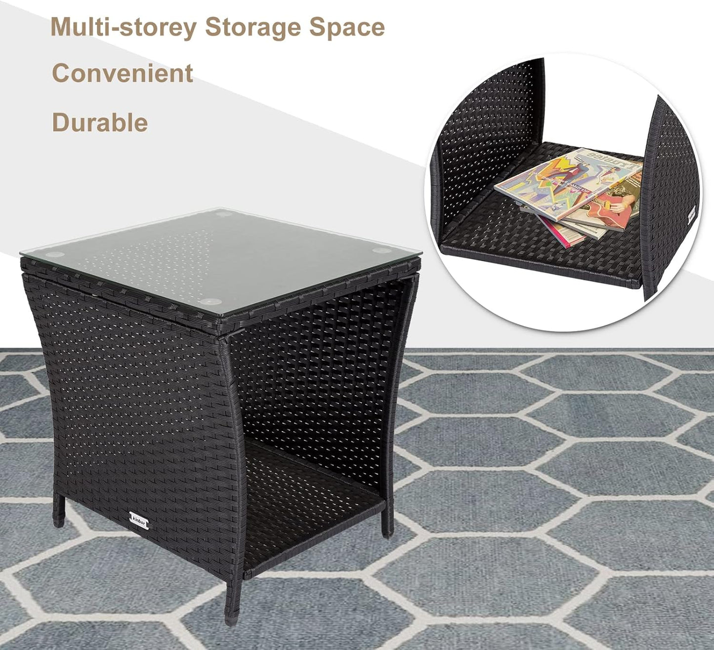 Outdoor Small Patio Table - PE Rattan Coffee Table, Wicker Side Table for Patio, Balcony & Porch, Durable & Iron Frame (1, Dark Black)