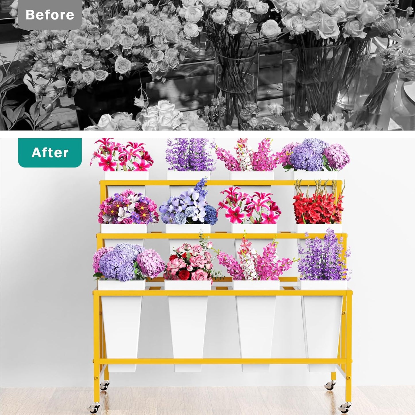 Putros Flower Display Stand with 12 Buckets Gold 3 Layers Metal Floral Cart with Wheels Moving Florist Bouquet Bar Plant Shelf for Indoor Outdoor Patio Garden Party Decor