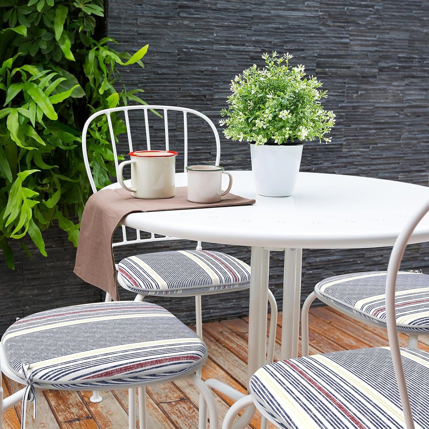 Indoor/Outdoor Chair Cushions 16x17 Inch, Patio Chair Cushions with Ties, All Weather Seat Cushions for Patio Furniture Home Garden Chair Use, Set of 2, Stripe Denim Blue