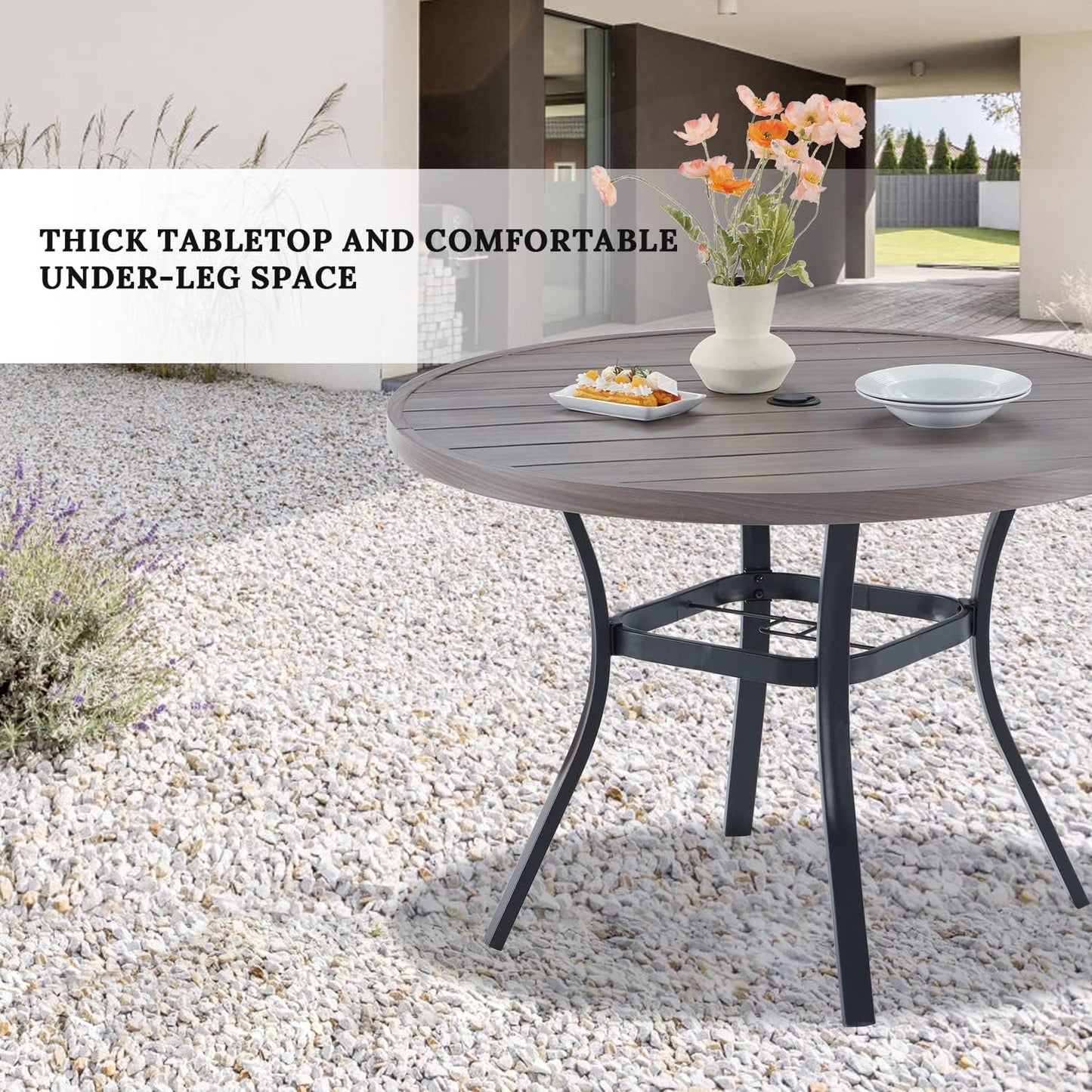 VICLLAX Round Patio Table with Adjustable Umbrella Hole, All Weather Outdoor Round Dining Table for Lawn Garden, 41.2"x 28" Grey Wood-Like Outdoor Coffee Table