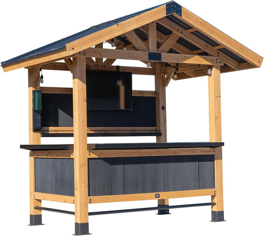 Backyard Discovery Palisade 9' x 6' Cedar Wood Outdoor Bar Set with Galvanized Steel Roof, Bar Top, Shelving, Snow Load Support, Wind Resistance, PowerPort for Patio, Deck, Entertaining