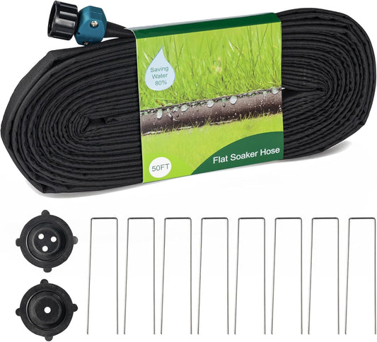 Hourleey Flat Soaker Hose 50 FT for Garden, 50' Linkable Consistent Drip Irrigation Hose, Leak-free Dual-layer Design Saving 80% Water Garden System Water Hose with Holes
