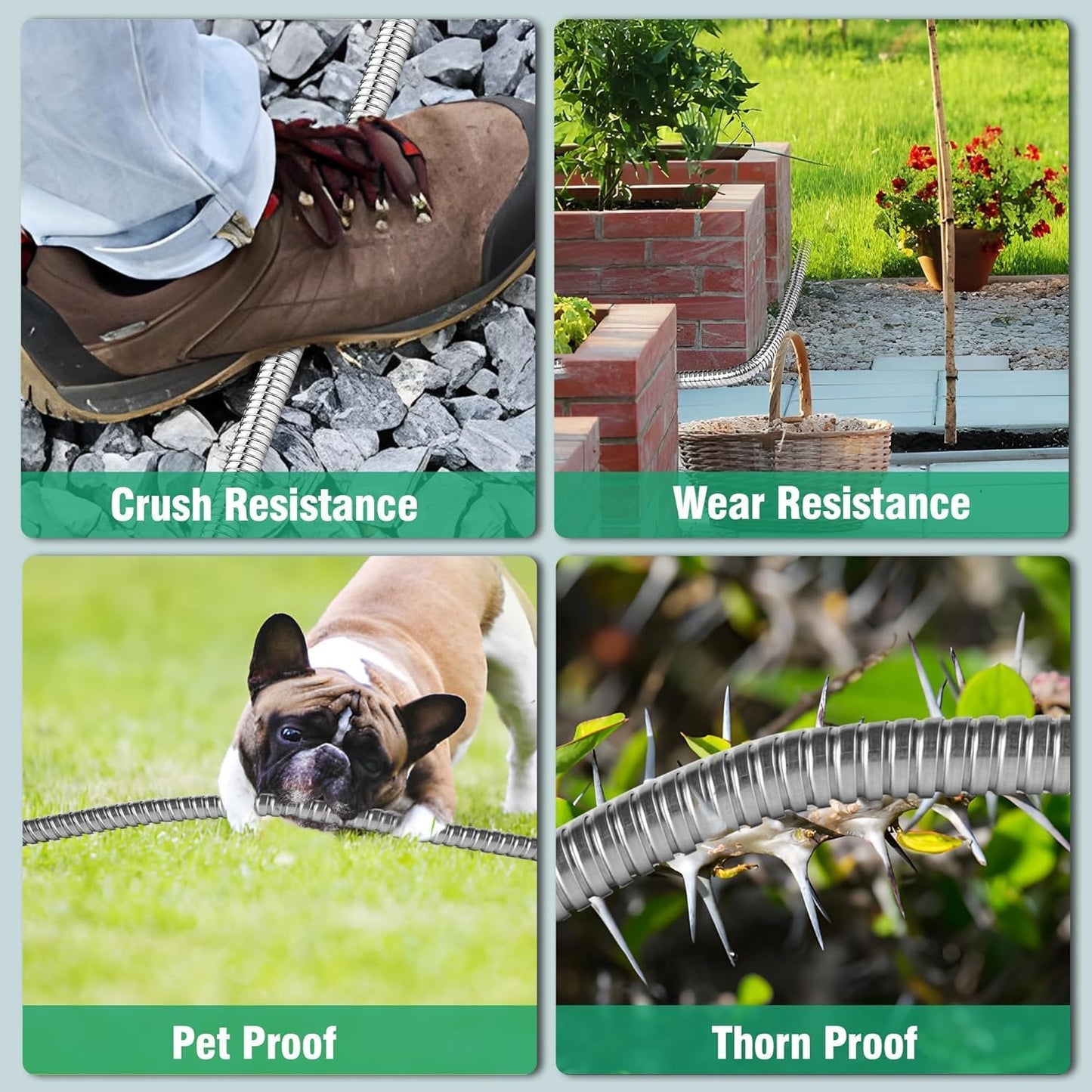 Metal Garden Hose 150Ft Stainless Steel Water Hose Heavy Duty with 10 Way Nozzle-Flexible Lightweight Durable No Kink & Tangle，Strong 3/4’’ Solid Metal Fitting Shut-Off Valve for Outdoor Yard