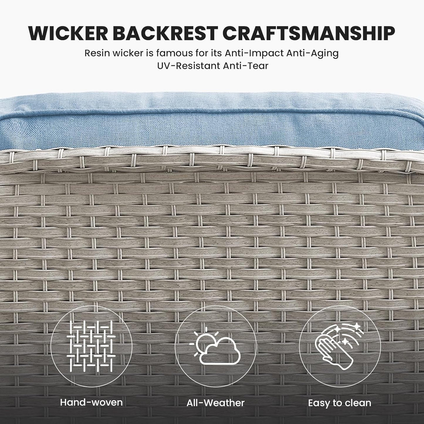 Outdoor Loveseat Small Patio Furniture 2 Seater Wicker Sofa Couch Rattan Seating for Deck Porch Backyard Baby Blue Cushion