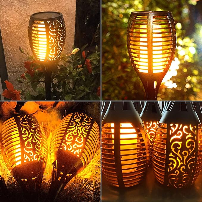 Solar Torch Lights Outdoor, Realistic Flickering Flame Solar Tiki Torches, 3-in-1 Fire Effect Hanging Lanterns with Detachable Hook, Auto On/Off for Garden, Pathway Lighting (4 Pack)