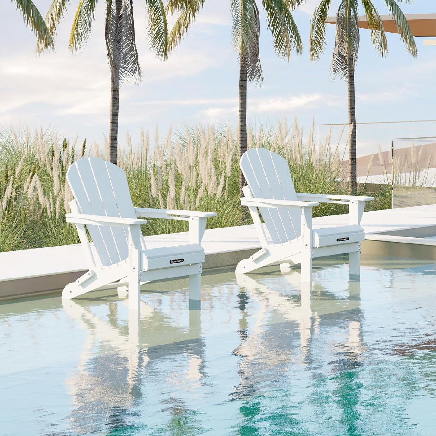 MUCHENGHY Folding Adirondack Chairs 2 Pack, Patio & Lawn Chairs, Outdoor & Backyard Chairs, Weather Resistant with Cup Holder, White