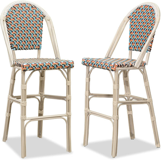 PURPLE LEAF French Bar Stool Set of 2 White Print Finish Patio Bar Stools with Back Rattan Chairs Wicker Bar Height Stool 30" with Footrest Kitchen Island Stools Outdoor Barstool Colorful
