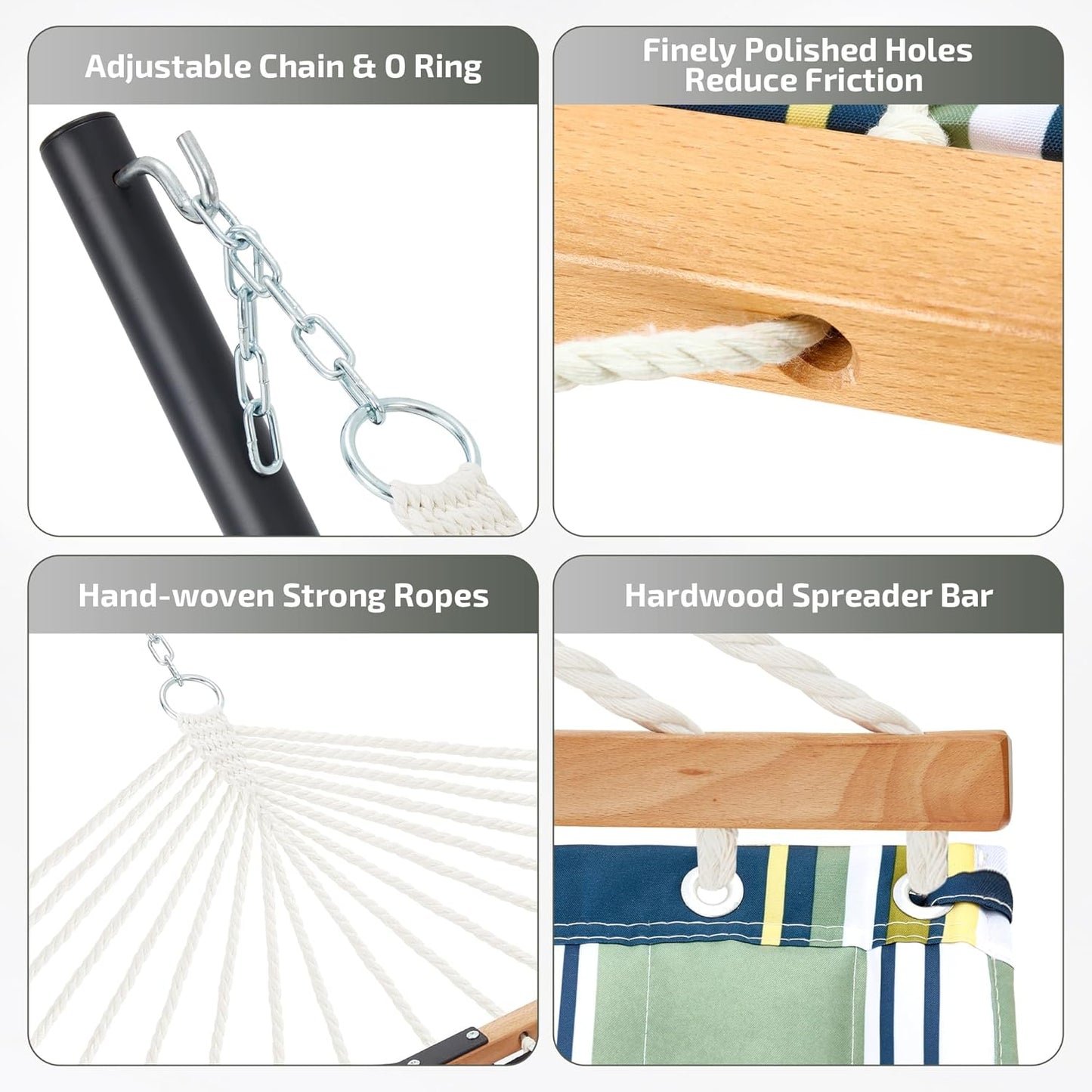 Two Person Hammock with Stand Heavy Duty, Outdoor Patio Hammock with Portable Steel Stand, Large Double Hammocks,480lbs Capacity.(Grey Stripes)