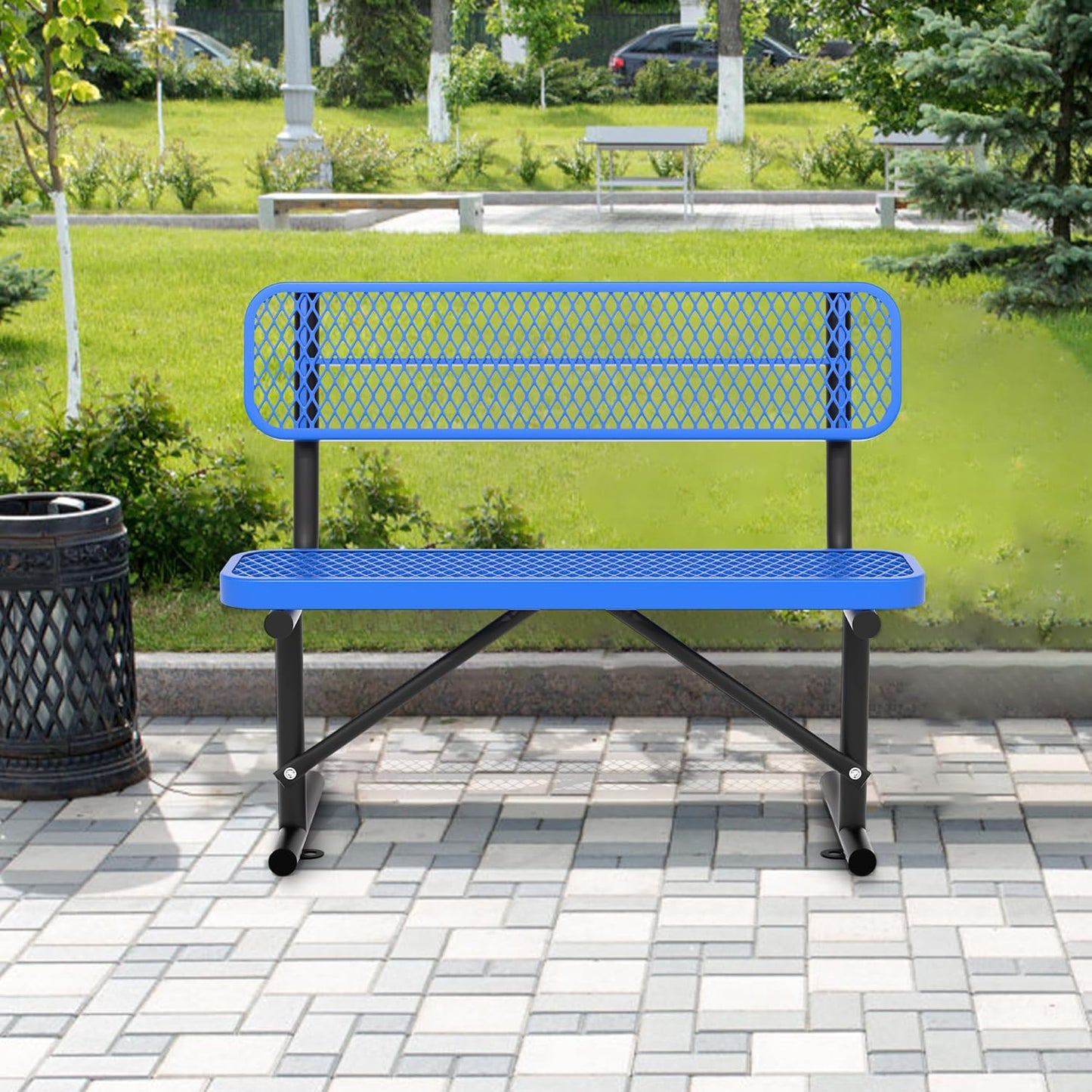 4 Feet Heavy Duty Metal Park Bench for Outside, Outdoor Bench with Backrest & Portable Frame, Commercial Benches for Shopping Malls, Stores, Parks, Patios, Decks, Blue