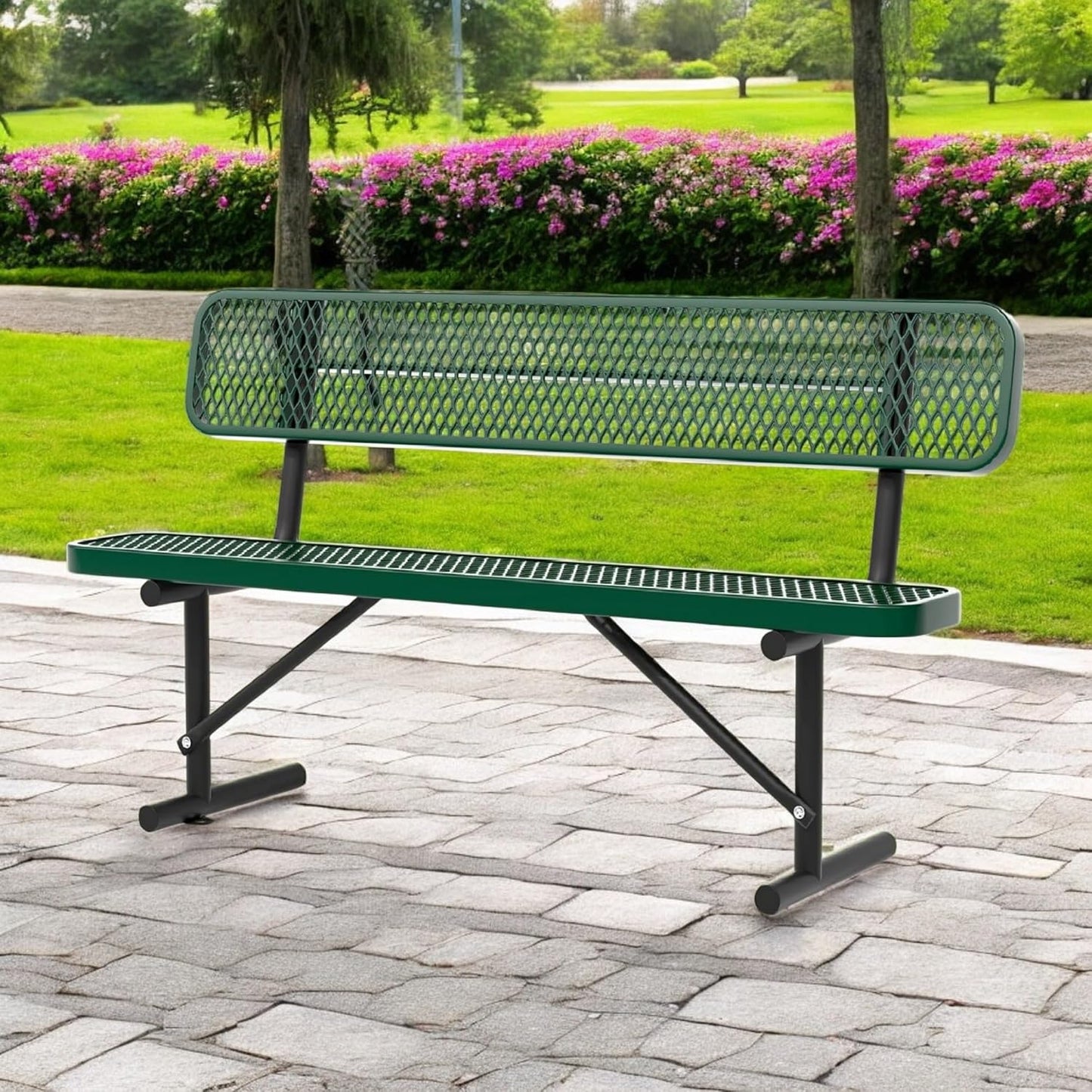 Heavy Duty Park Bench with Back Portable Frame, Outdoor Steel Bench with Backrest, Outdoor Park Bench Expanded Metal Mesh Bench for Lawn, Park, Deck, Garden, Patio, Porch, Black (Green, 6FT)