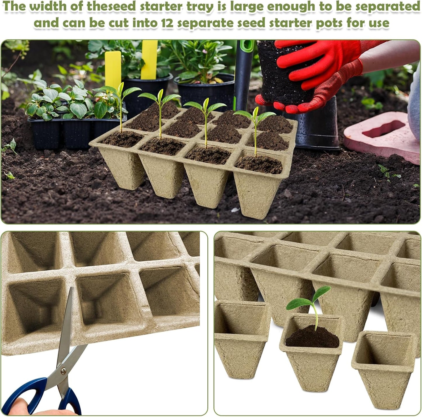 PINVNBY 432 Cells Seed Starter Tray 36 Packs Biodegradable Peat Pots for Seedlings Disposable Seedling Starter Trays with 36 Labels and 2 Transplant Tools