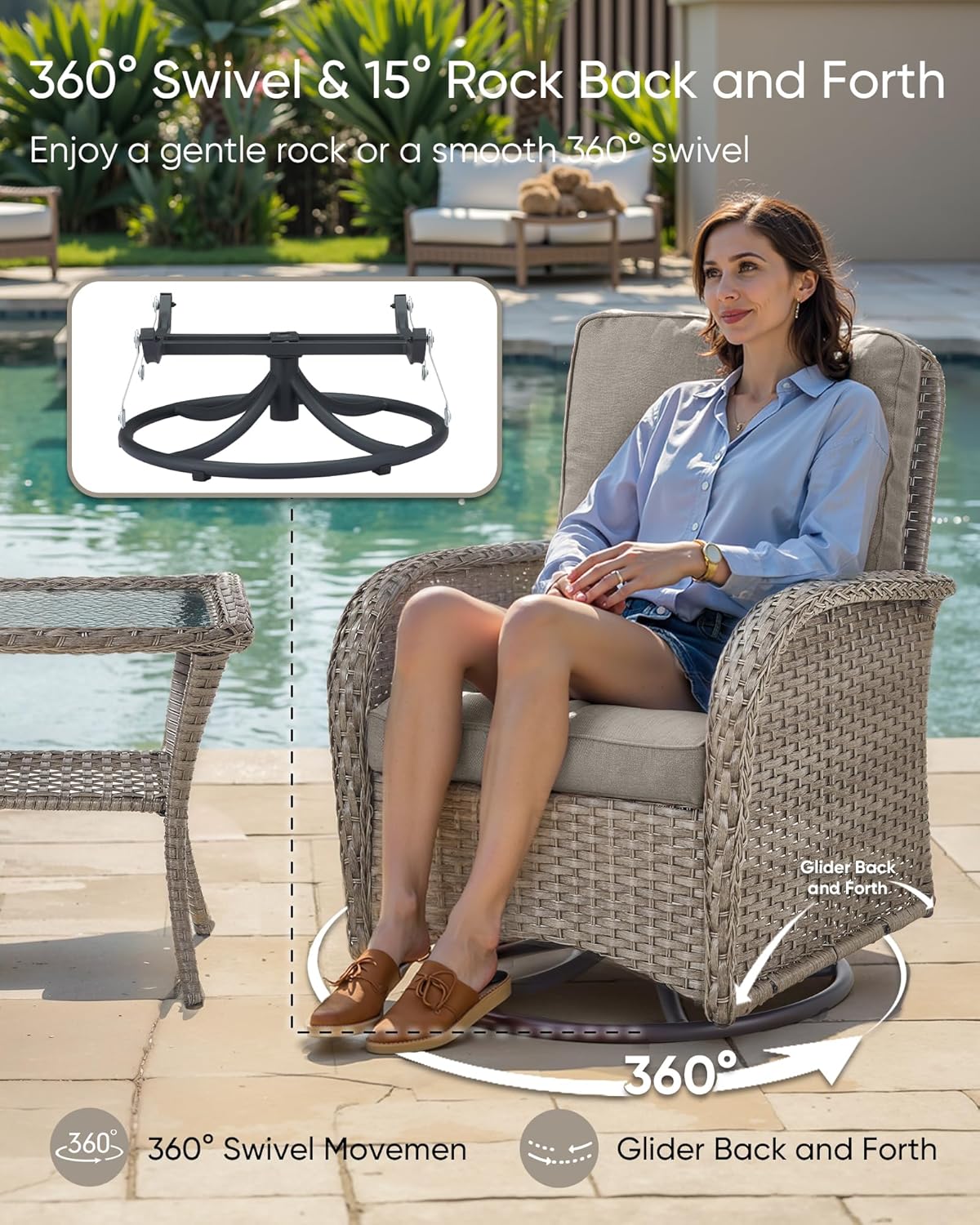 HUMMUH 7 Pieces Outdoor Furniture Set-All Weather Wicker Rattan Couch with Outdoor Rocking Chair Patio Furniture for Deck Lawn Porch Balcony Poolside-Grey/Grey