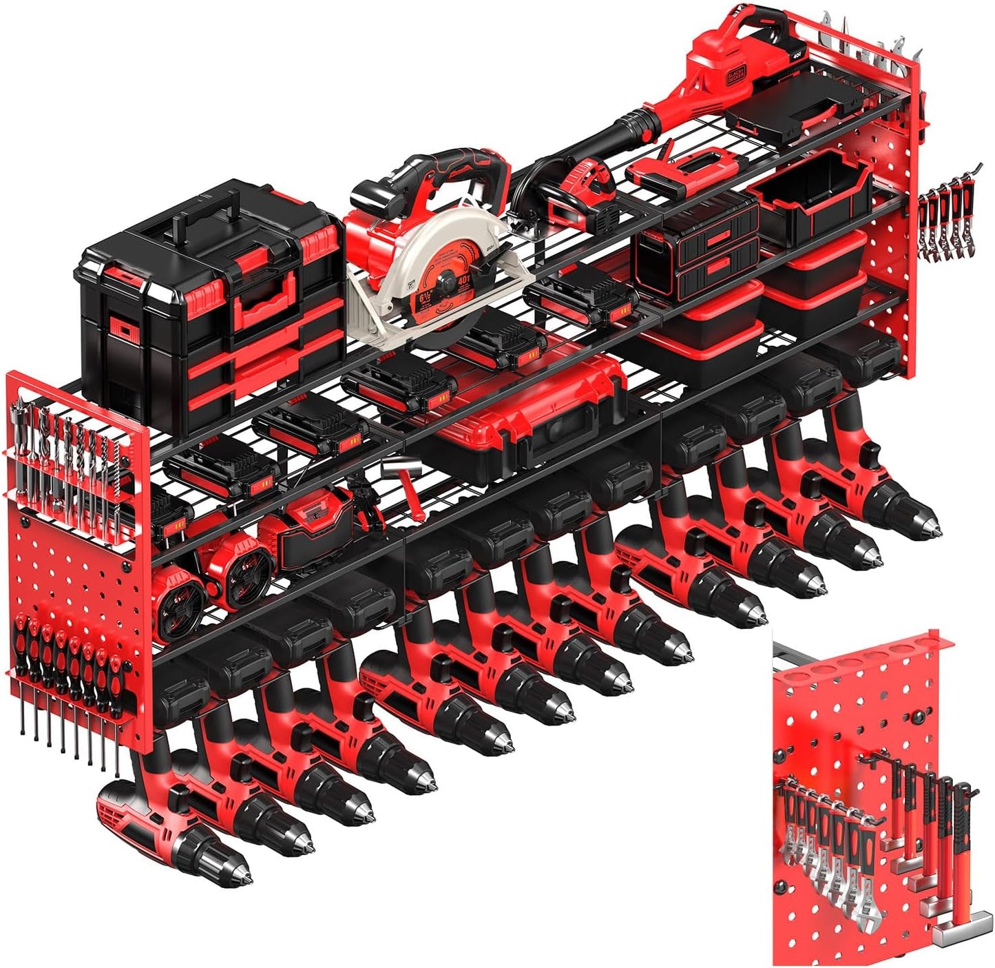 Power Tool Organizer Wall Mount with 12 Drills Holder, 49" Heavy Duty 4-Tier Power Tool Storage Rack, DIY Pegboard Side Panels,4 Long Hooks, Garage Metal Tool Shelf for Battery,Drills